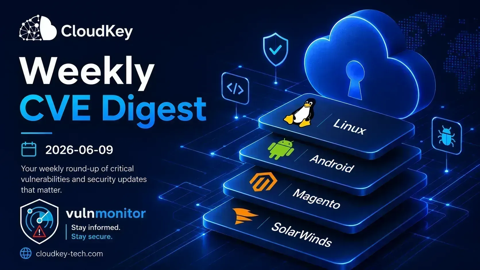 CloudKey Weekly CVE Digest for 2026-06-09 covering Linux, Android, Magento and SolarWinds vulnerabilities
