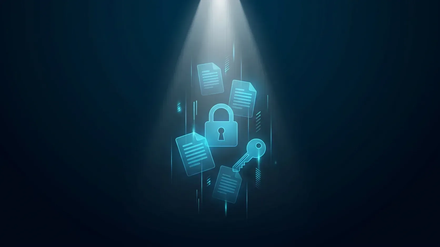 Abstract illustration of dark web monitoring: a searchlight beam revealing exposed documents, credentials and keys in dark depths