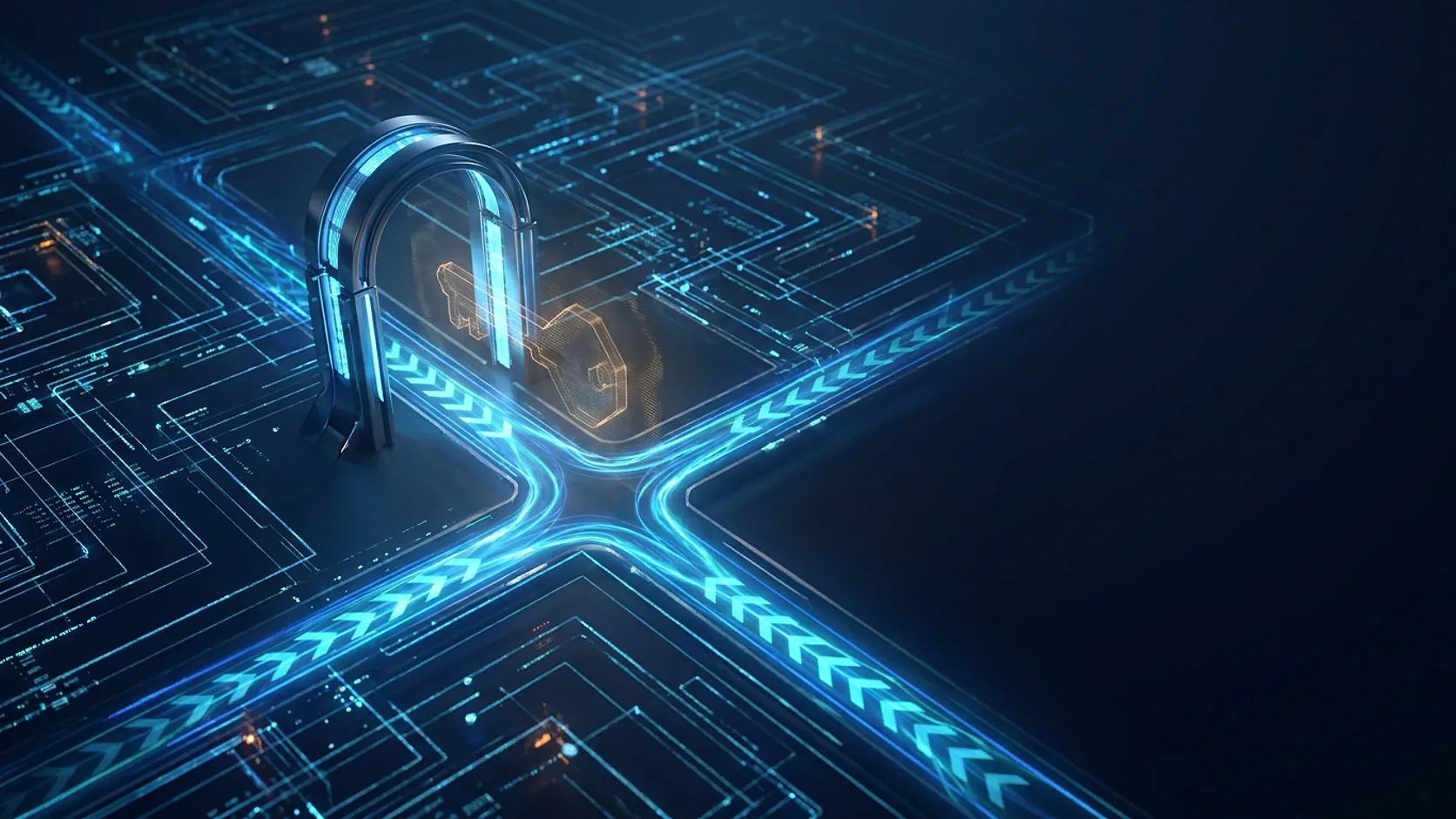 Illustration abstraite CloudKey d'un cadenas et d'une clé lumineux sur un circuit imprimé, un test d'intrusion comme preuve d'audit SOC 2