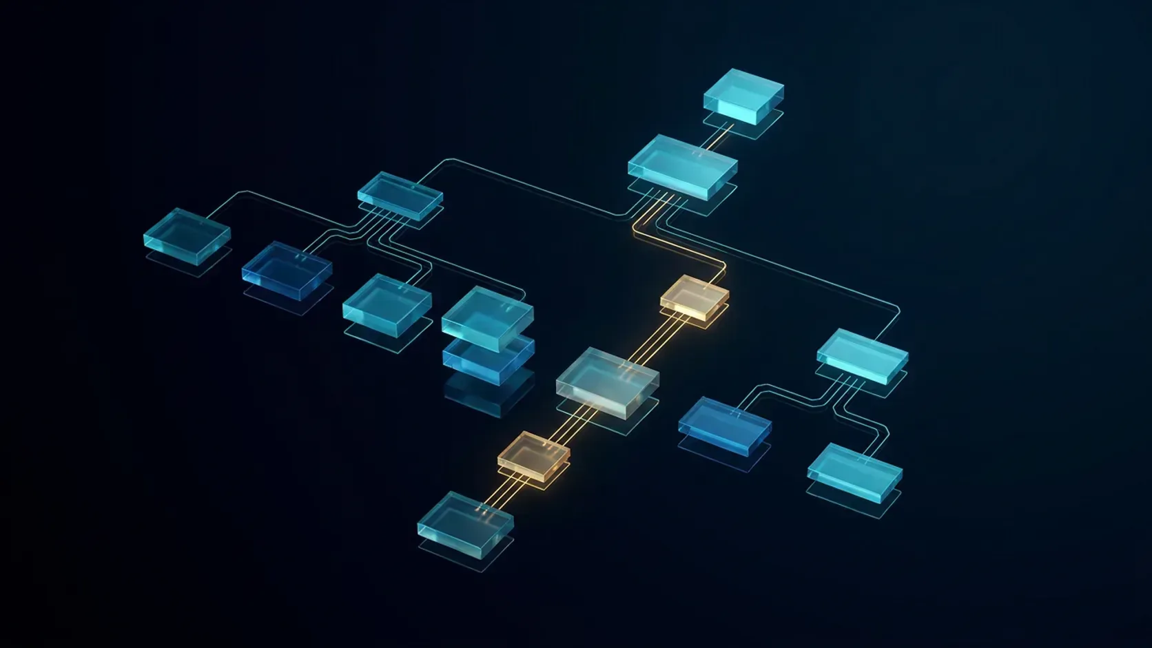 Abstract illustration of a software supply chain: translucent components linked in a dependency tree with one branch highlighted