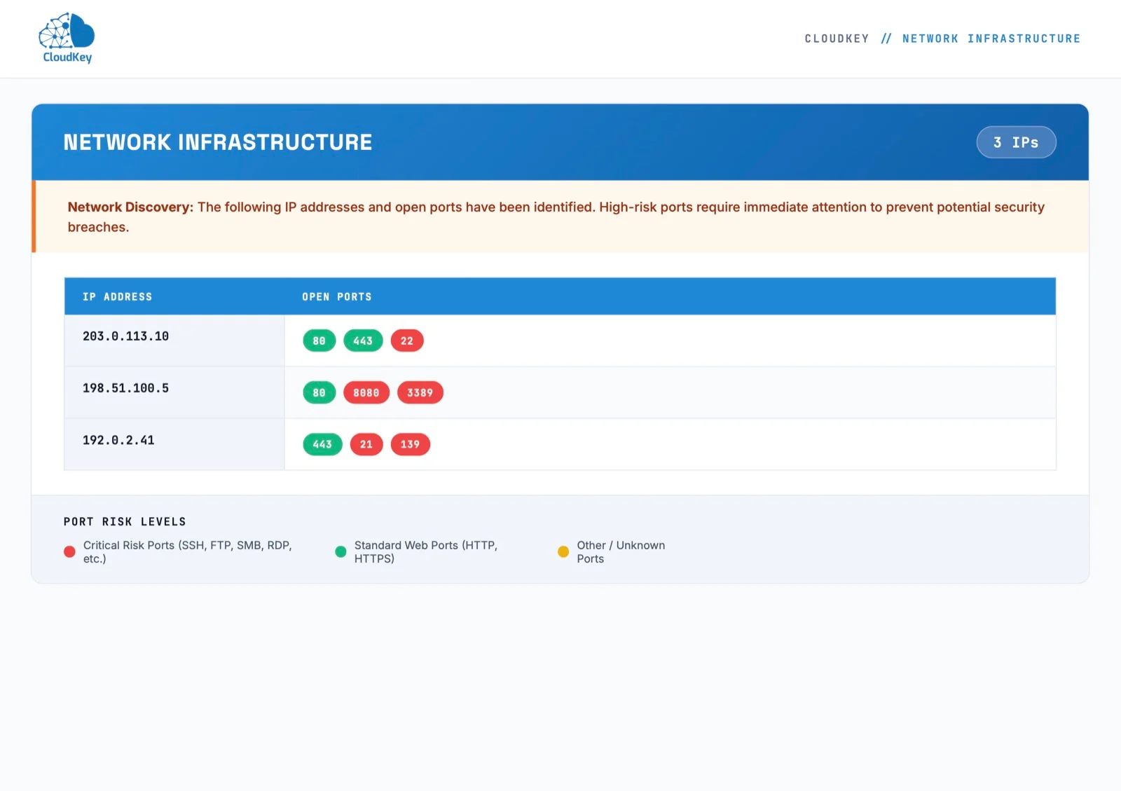 Sample report of network infrastructure showing IP addresses, open ports and a port-risk legend, prepared for example.com