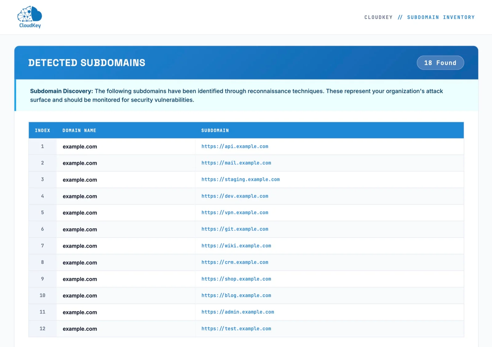 Sample report table of detected subdomains with index and subdomain URLs, prepared for example.com
