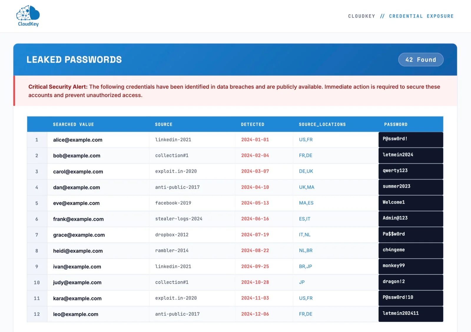Sample report table of leaked passwords with the searched value, breach source and detection date, prepared for example.com